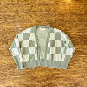 Jessica Simpson Sage Green Cream Checkered Open Front Cardigan Sweater Small